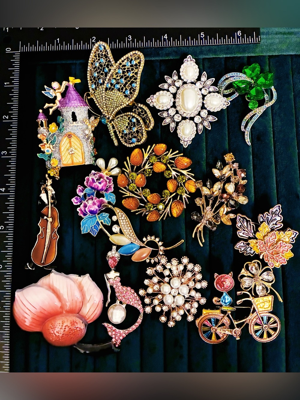 15pc Mixed Butterfly Floral Castle Mermaid Clover Rhinestone Brooch Pin Lot